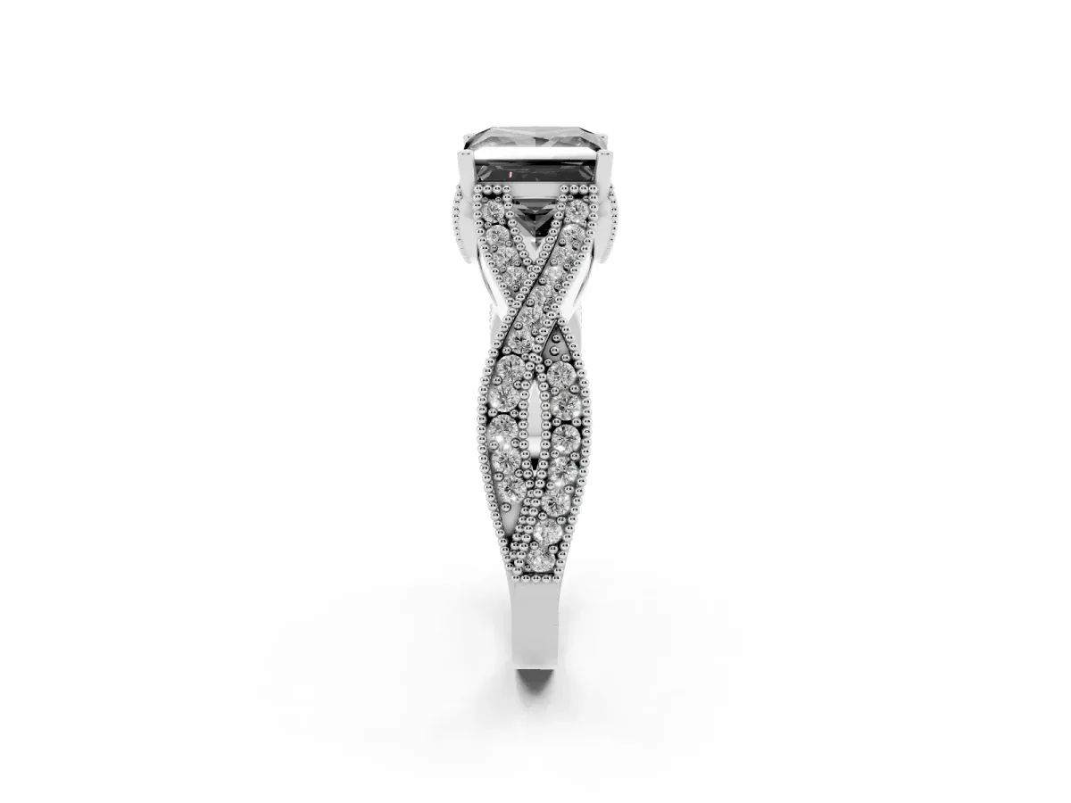 Fancy Black Princess Cut Cut Diamond Twisted Band with Milgrain Pave Setting and Four-Prong Setting Silver