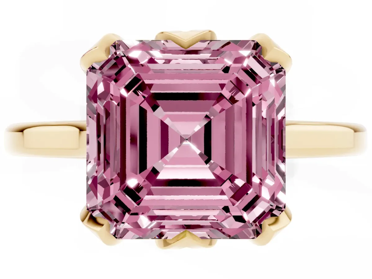 Fancy Pink Asscher Cut Diamond Solitaire Ring with Flower Prong Setting and Classic Band Yellow gold