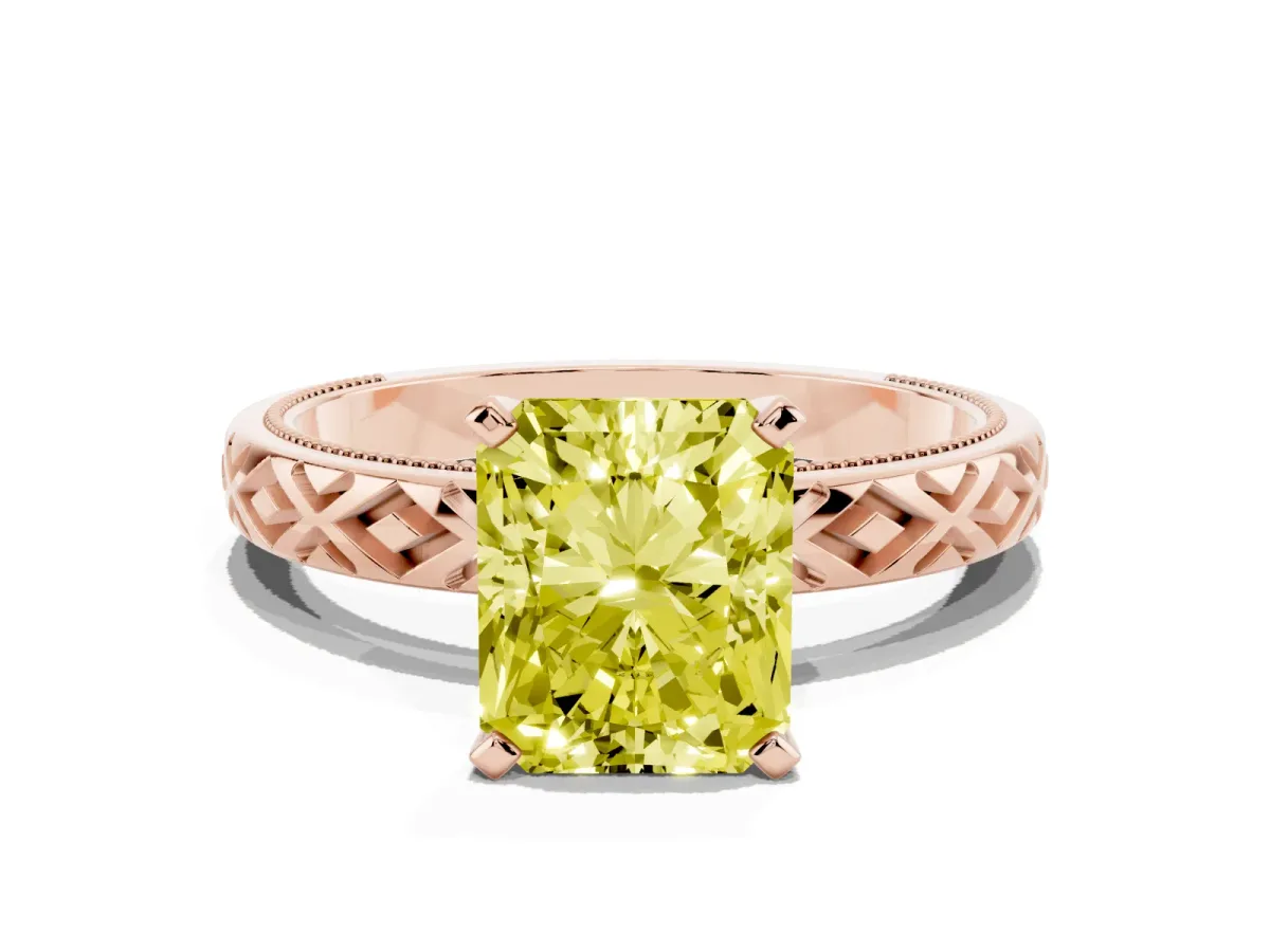 Fancy Yellow Radiant Cut Solitaire Diamond Ring with Milgrain and Black Enamel X Pattern Band Rose gold