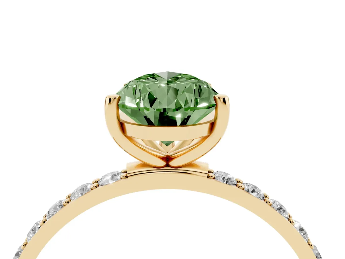 Fancy Green Pear Cut Diamond Solitaire Ring with Round Pavé Shoulders and Prong Setting Yellow gold