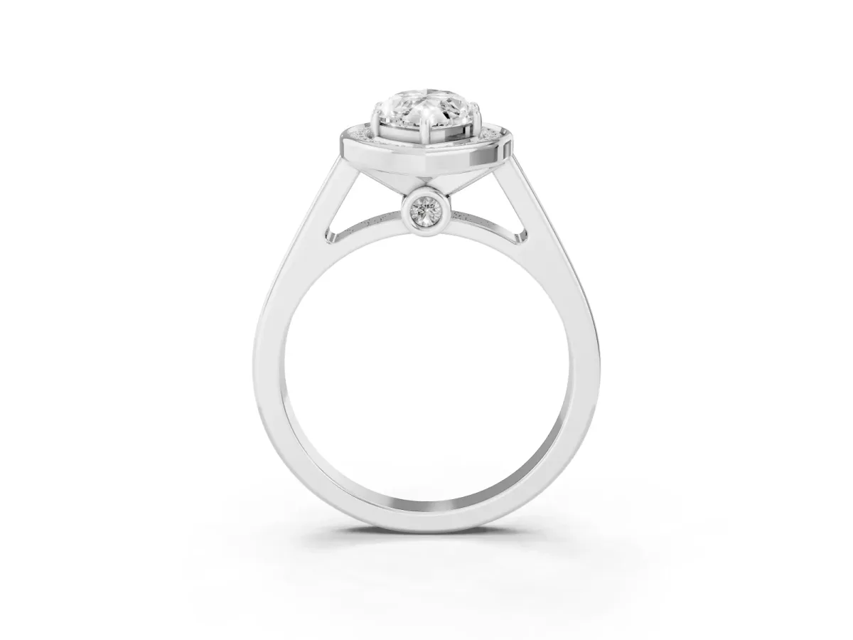 Marquise Cut Halo Solitaire Diamond Ring with Pave Band and Bezel Setting Silver