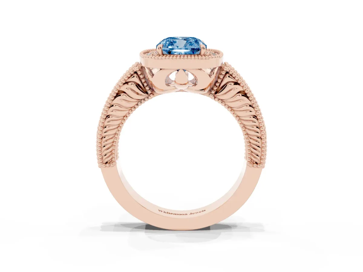 Fancy Blue Cushion Cut Cut Halo Diamond Ring with Pavé Band and Four-Prong Setting Rose gold