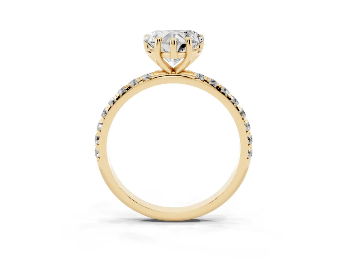 Heart Cut Cut Diamond Solitaire Ring with Micro Pave Band and Four Prong Setting Yellow gold