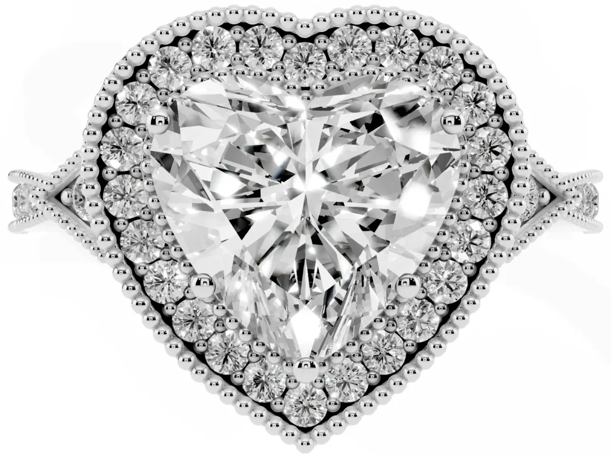 Heart Cut Halo Round Diamond Milgrain Pave Engagement Ring Silver
