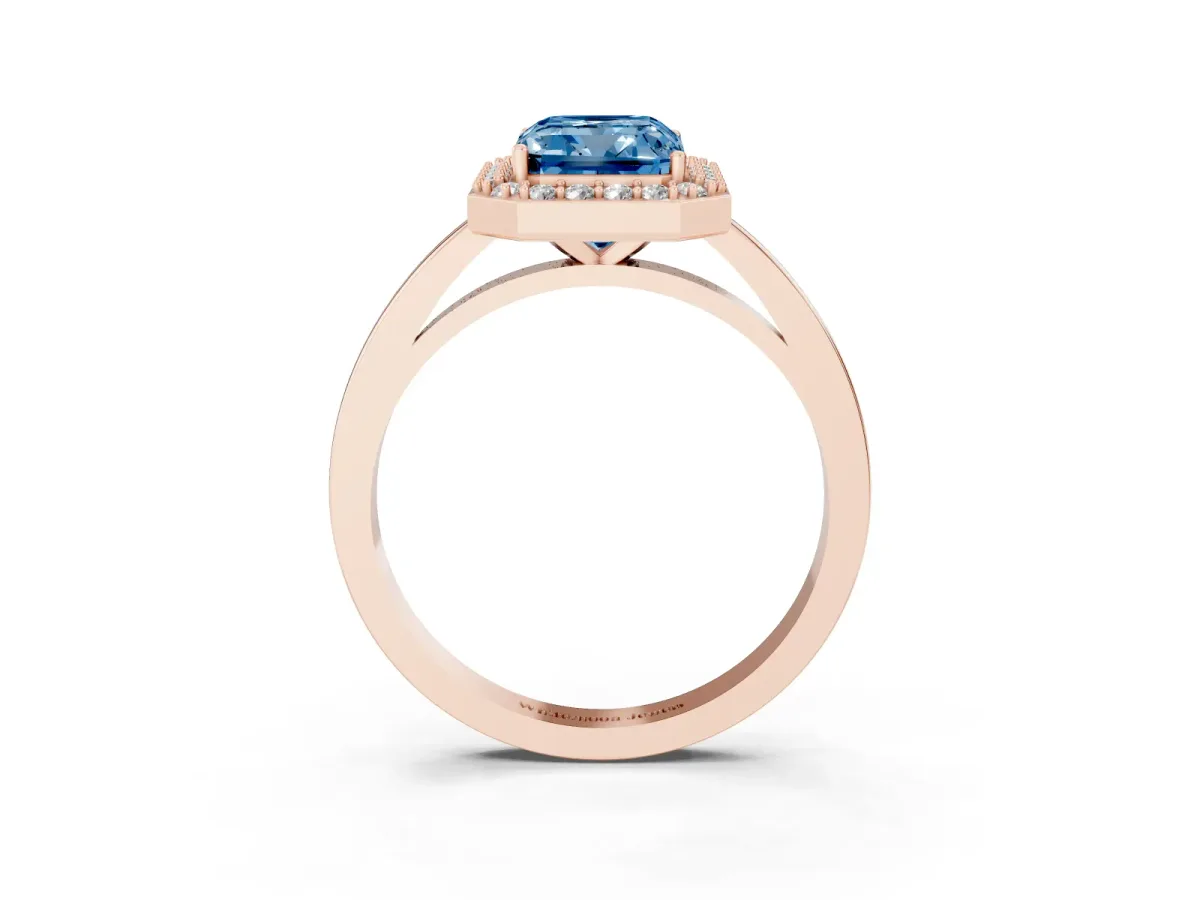 Fancy Blue Radiant Cut Halo Diamond Ring with Solitaire Band and Prong Setting Rose gold
