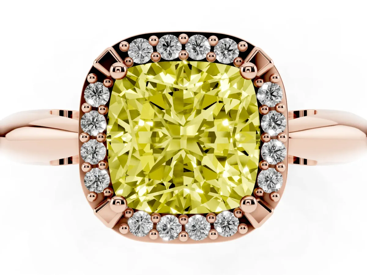 Fancy Yellow Cushion Cut Cut Diamond Halo Engagement Ring with Split Shank and Four-Prong Setting Rose gold