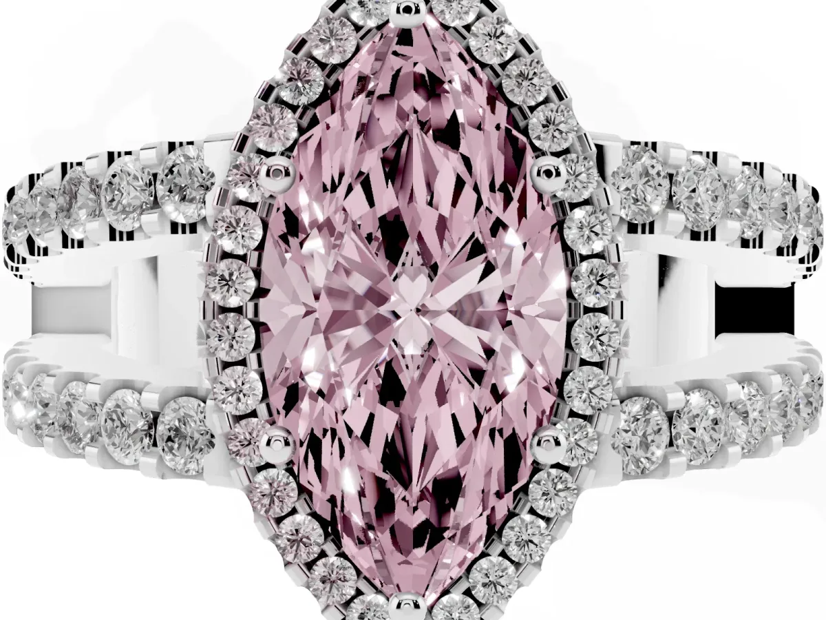 Fancy Pink Marquise Cut Cut Halo Split Shank Diamond Ring with Four-Prong Setting Silver