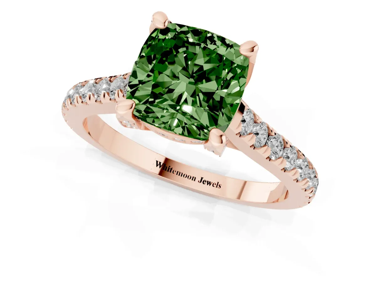 Fancy Green Cushion Cut Brilliant Diamond Solitaire with Pavé Band and Four-Prong Setting Rose gold
