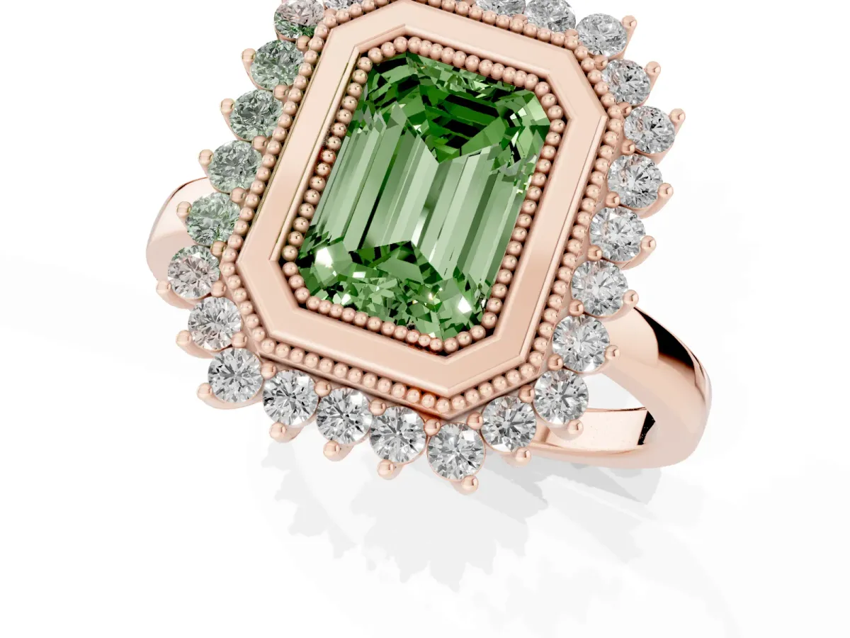 Fancy Green Emerald Cut Halo Diamond Ring with Milgrain Edge and Round Prong Setting Rose gold