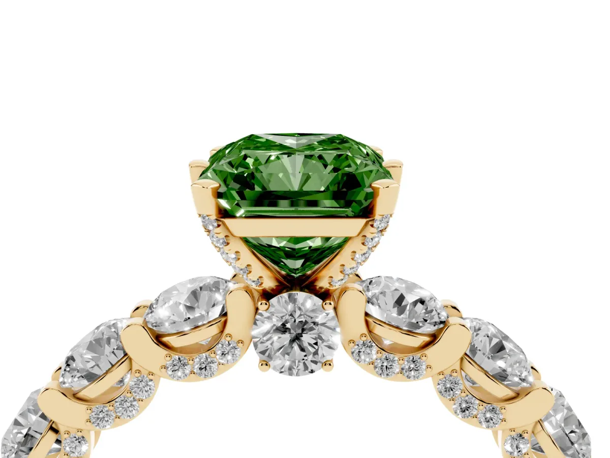 Fancy Green Radiant Cut Diamond Side Stone Engagement Ring with Four-Prong Setting Yellow gold