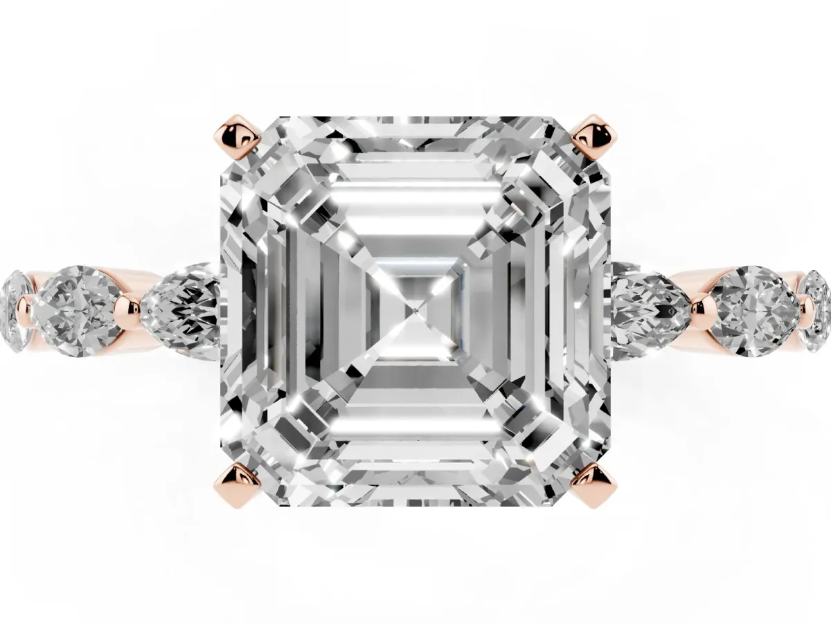 Asscher Cut Diamond Ring with Marquise Side Stones and Prong Setting Rose gold