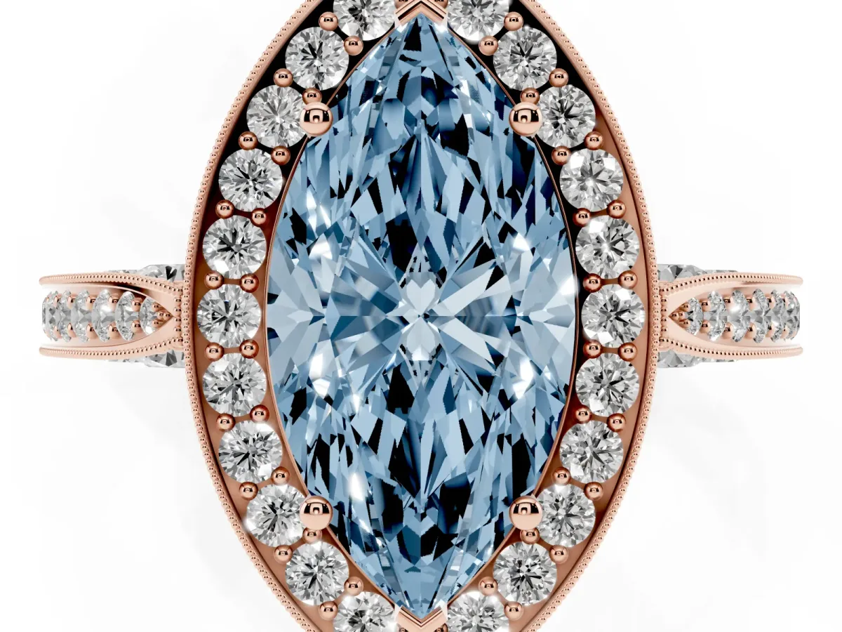 Fancy Blue Marquise Cut Halo Diamond Engagement Ring with Split Shank Band and Four-Prong Setting Rose gold