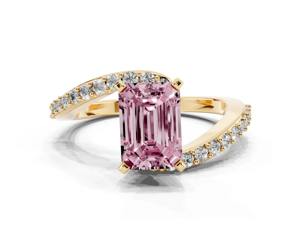 Fancy Pink Emerald Cut Solitaire Twist Band with Pave Set Diamonds and Four-Prong Setting Yellow gold