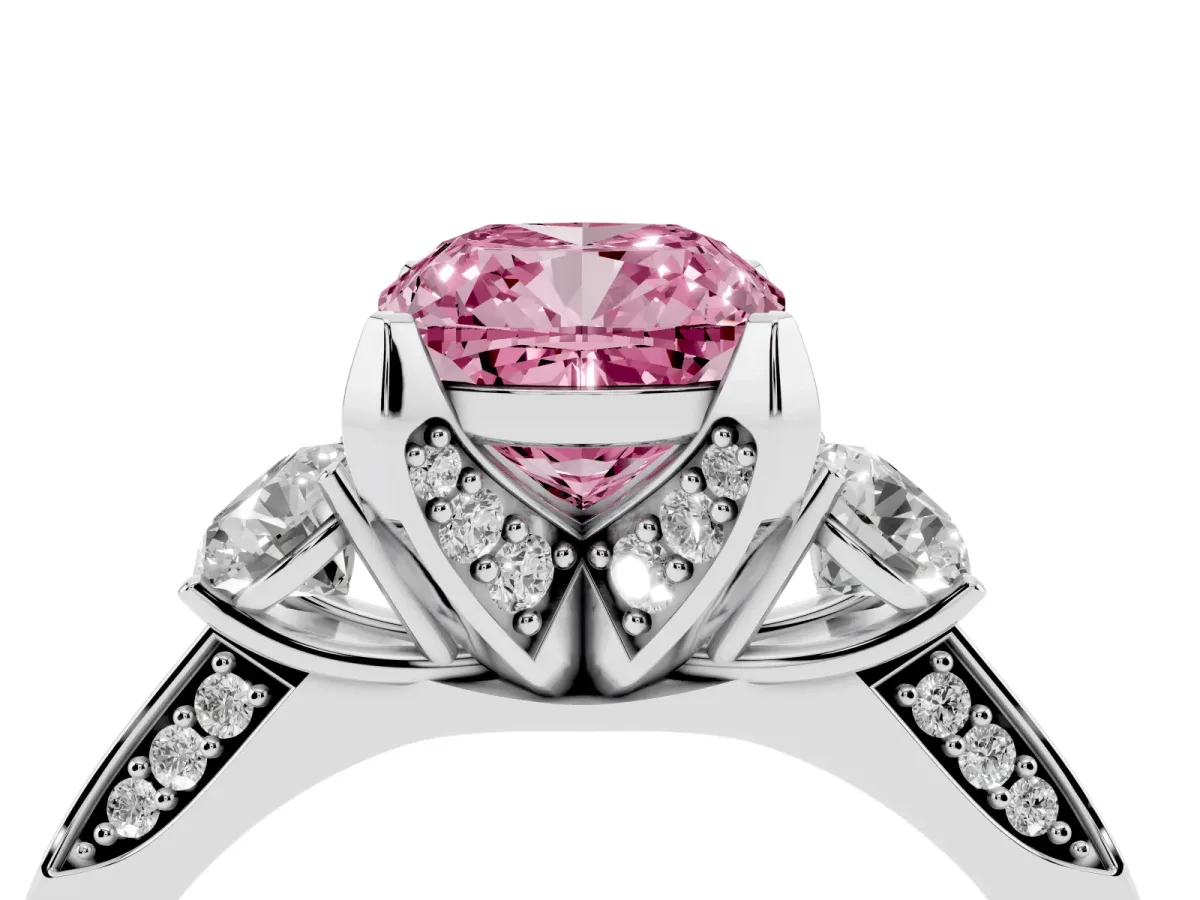 Fancy Pink Cushion Cut Brilliant Three-Stone Diamond Ring with Pavé Band and Four-Prong Setting Platinum