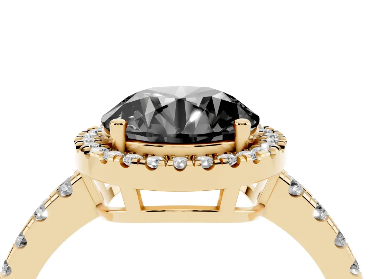 Fancy Black Round Cut Diamond Halo Ring with Pavé Band and Four-Prong Setting Yellow gold
