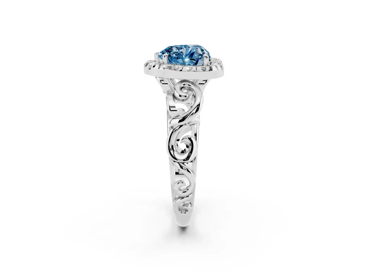 Fancy Blue Heart Cut Cut Halo Diamond Ring with Scrollwork Band and Four-Prong Setting Platinum