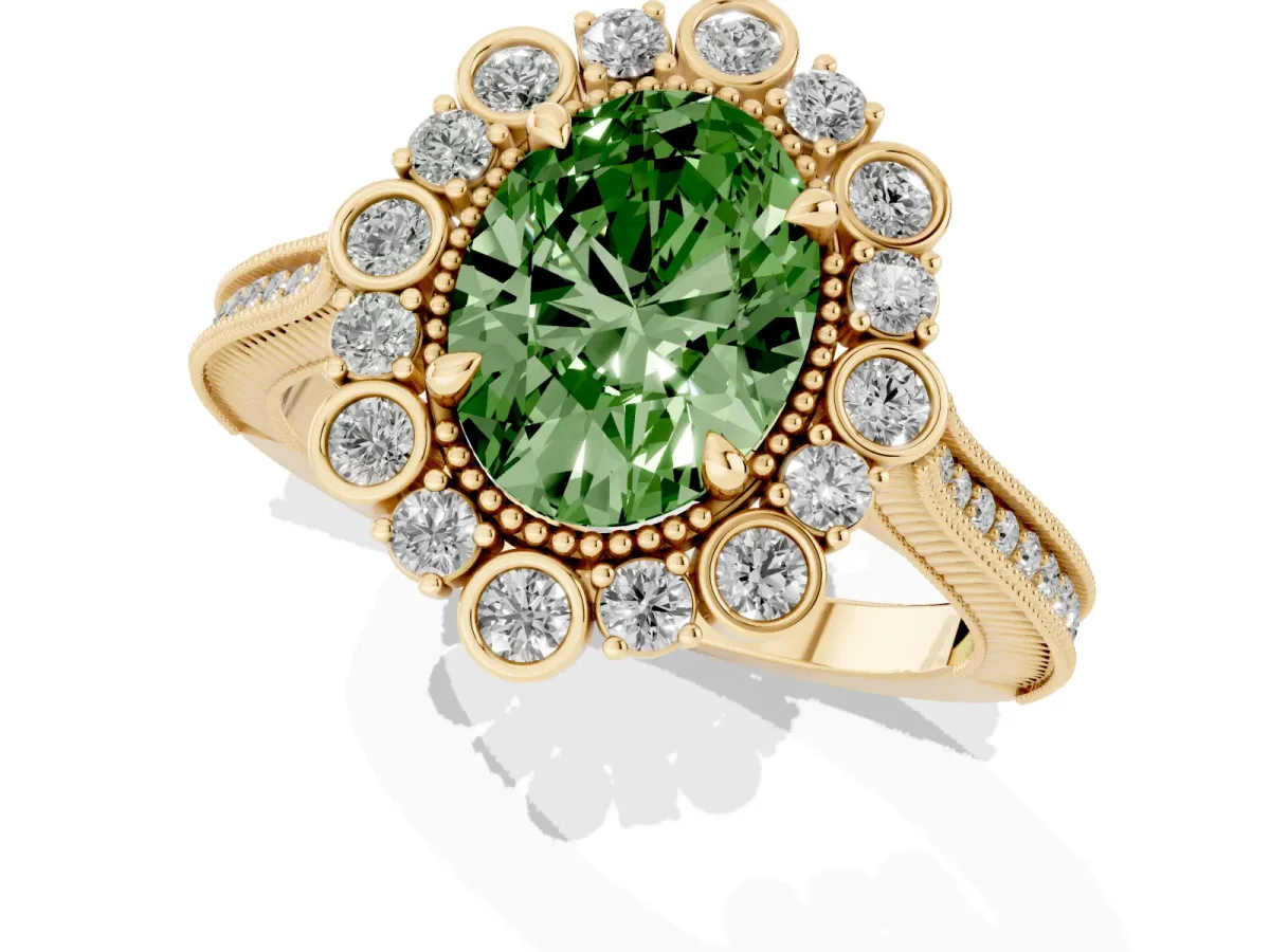 Fancy Green Oval Cut Halo Milgrain Pave Diamond Ring with Four-Prong Setting Yellow gold