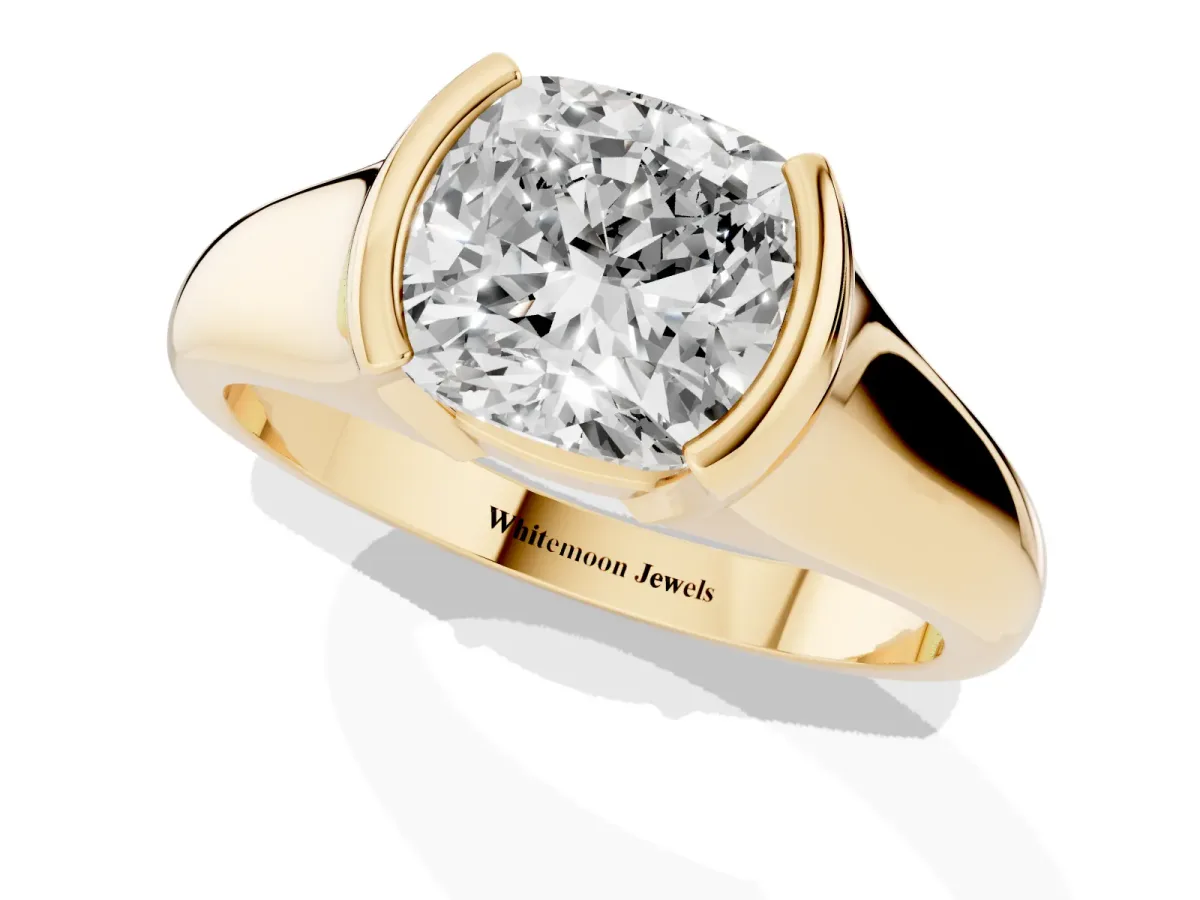 Cushion Cut Solitaire Tension Set Diamond Ring with Split Shank Band Yellow gold
