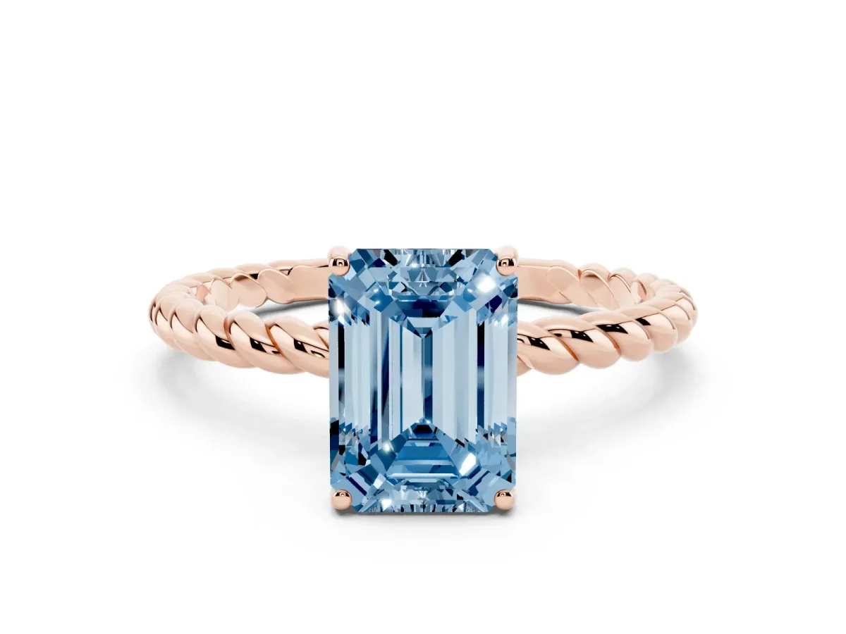 Fancy Blue Emerald Cut Solitaire Twist Band Ring with Four-Prong Setting Rose gold