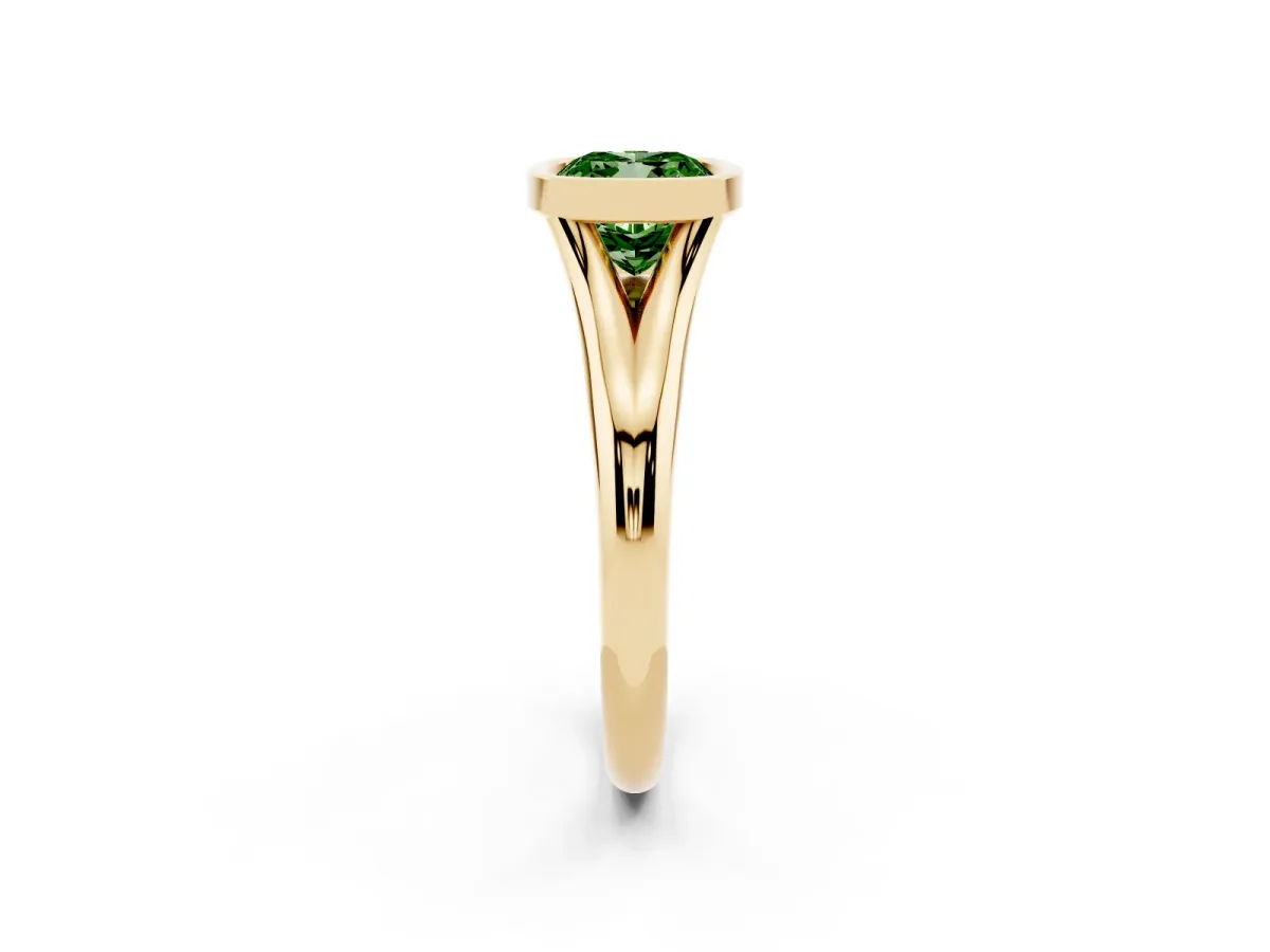 Fancy Green Bezel Set Cushion Cut Solitaire Diamond Ring with Smooth Band Yellow gold