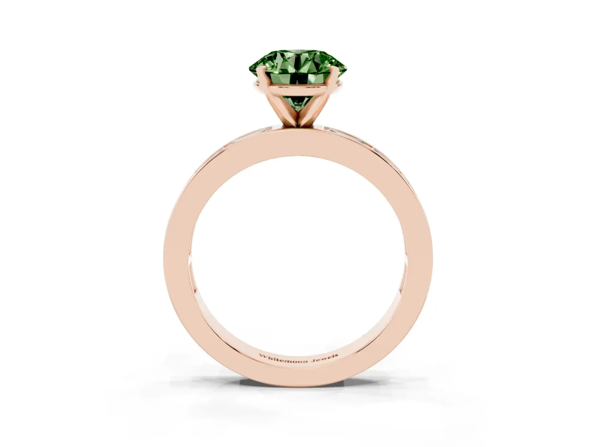 Fancy Green Round Cut Solitaire Diamond Ring with Channel-Set Baguette Band and Four-Prong Setting Rose gold
