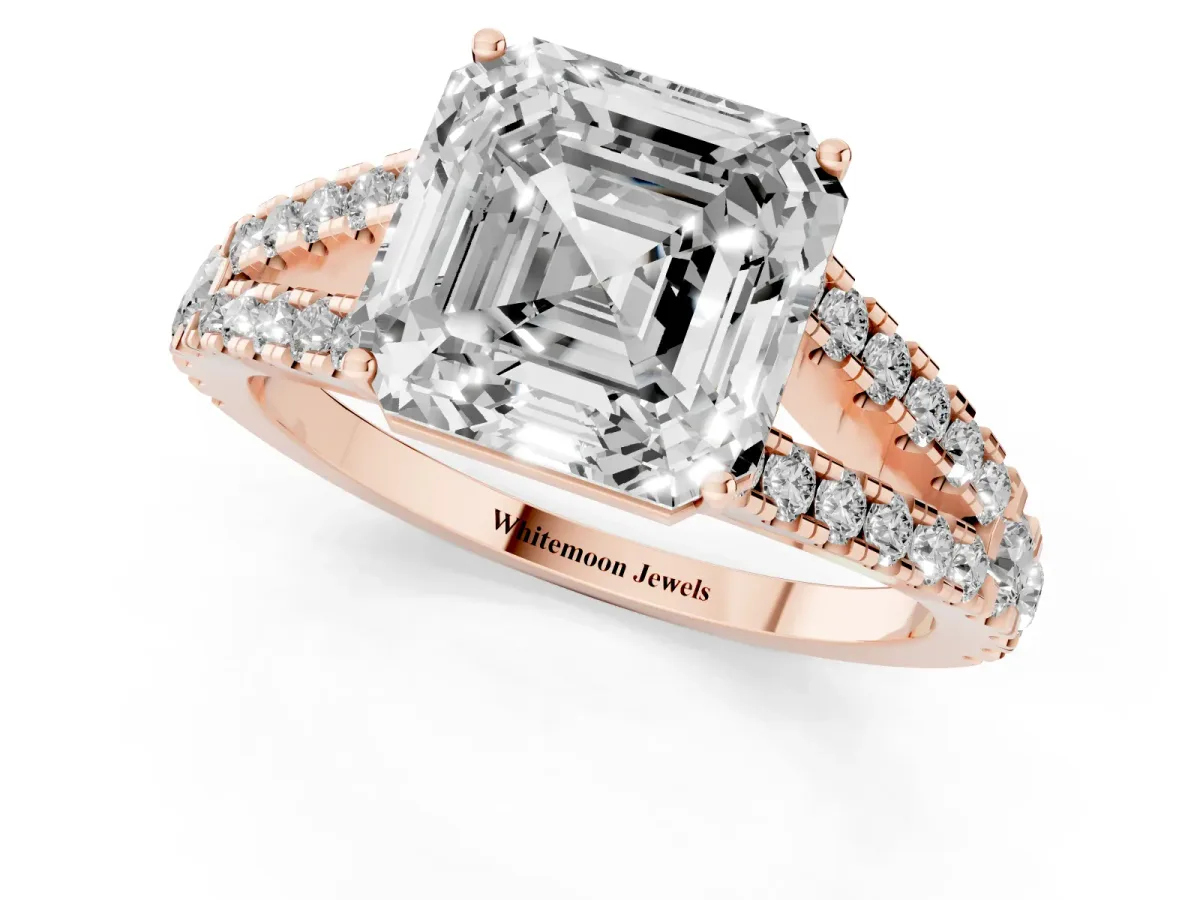 Asscher Cut Diamond Split Shank Engagement Ring with Round Pavé and Prong Setting Rose gold