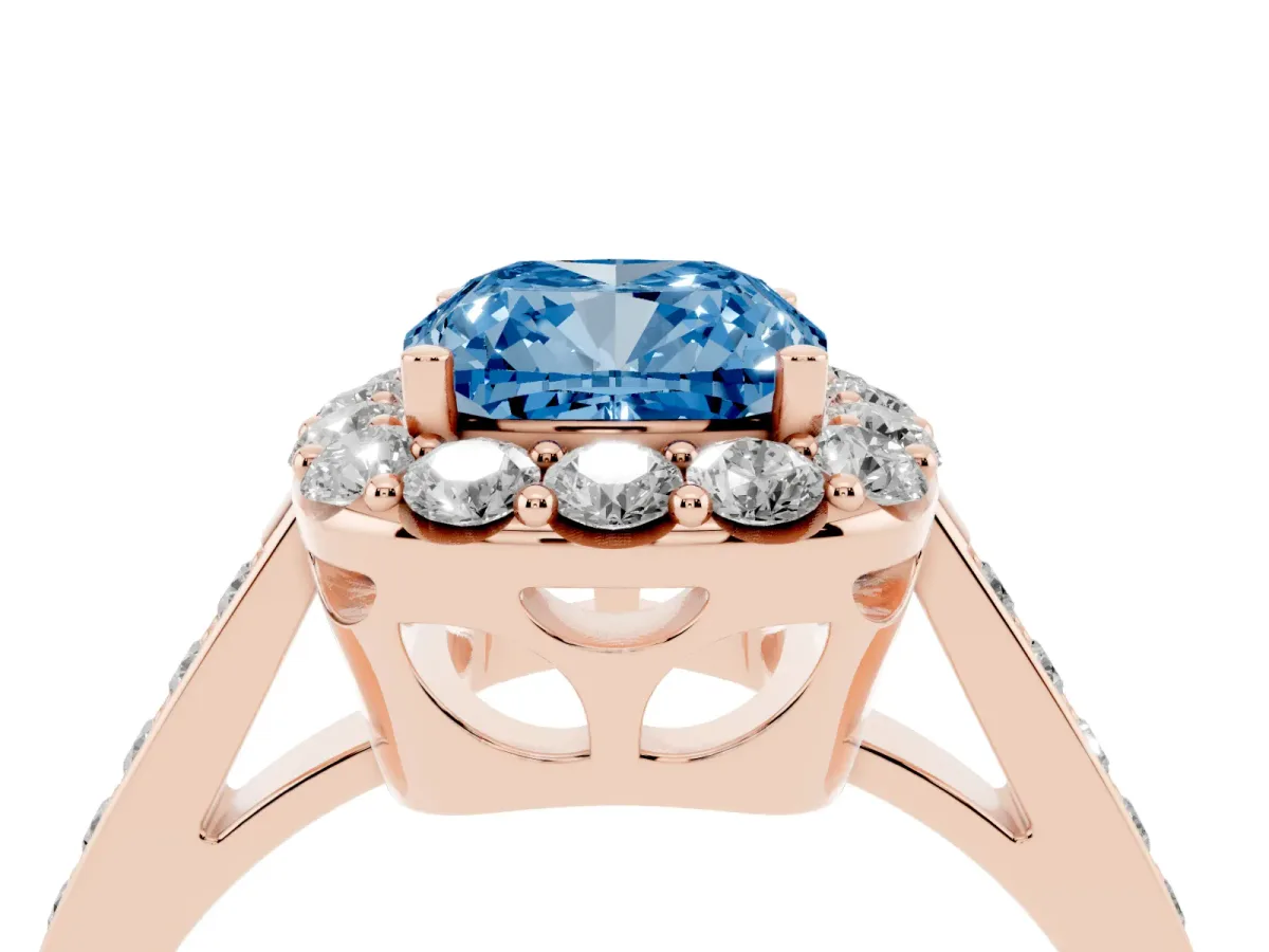 Fancy Blue Cushion Cut Diamond Floral Halo Ring with Pavé Band and Prong Setting Rose gold
