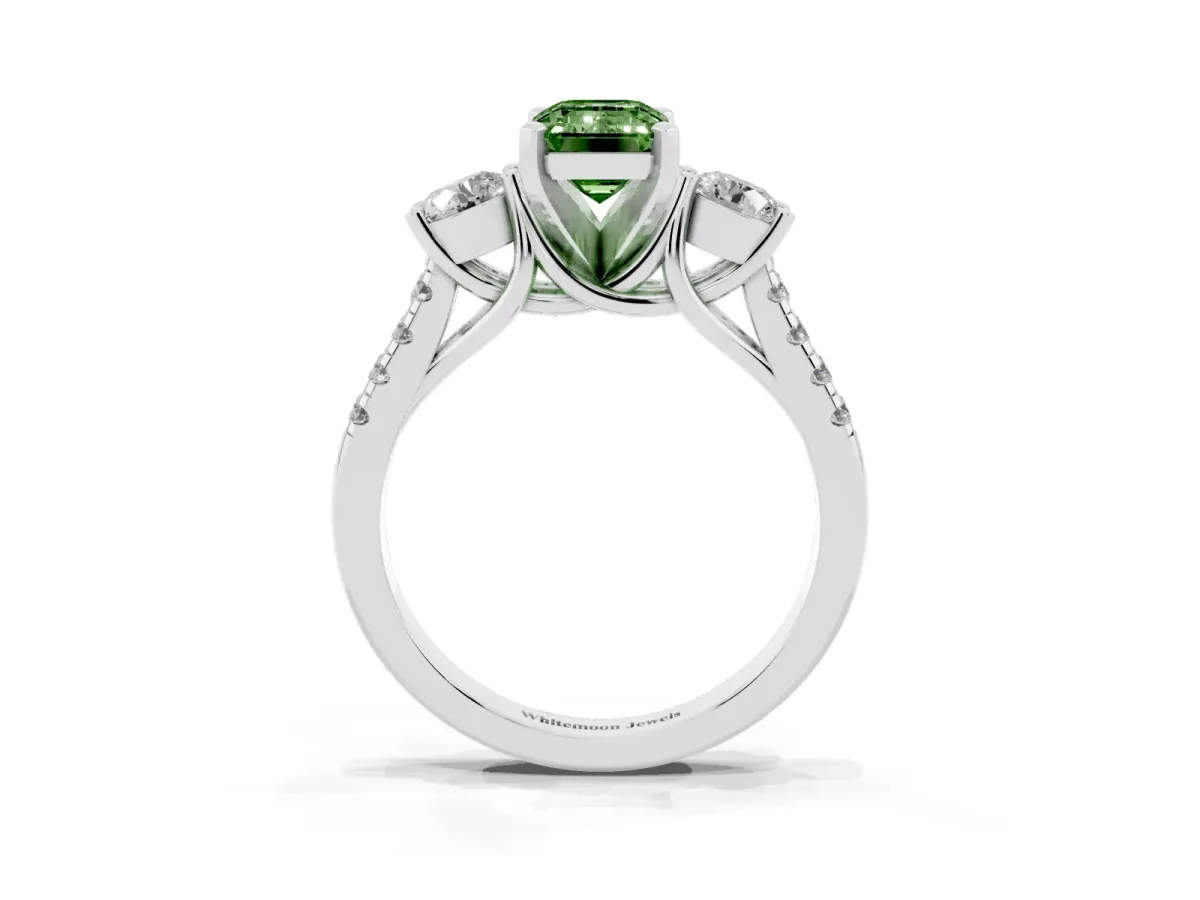 Fancy Green Three-Stone Emerald Cut Diamond Pavé Band with Four-Prong Setting Silver