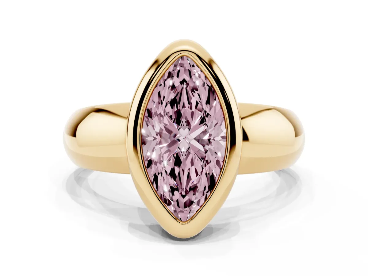 Fancy Pink Bezel Set Marquise Cut Solitaire Ring with Wide Band Yellow gold