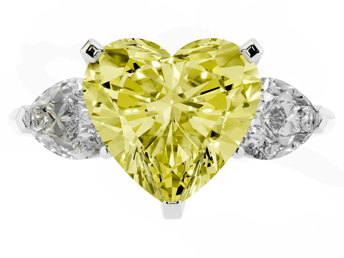 Fancy Yellow Three-Stone Heart Cut Diamond Ring with Pear Side Stones and Four-Prong Setting Silver
