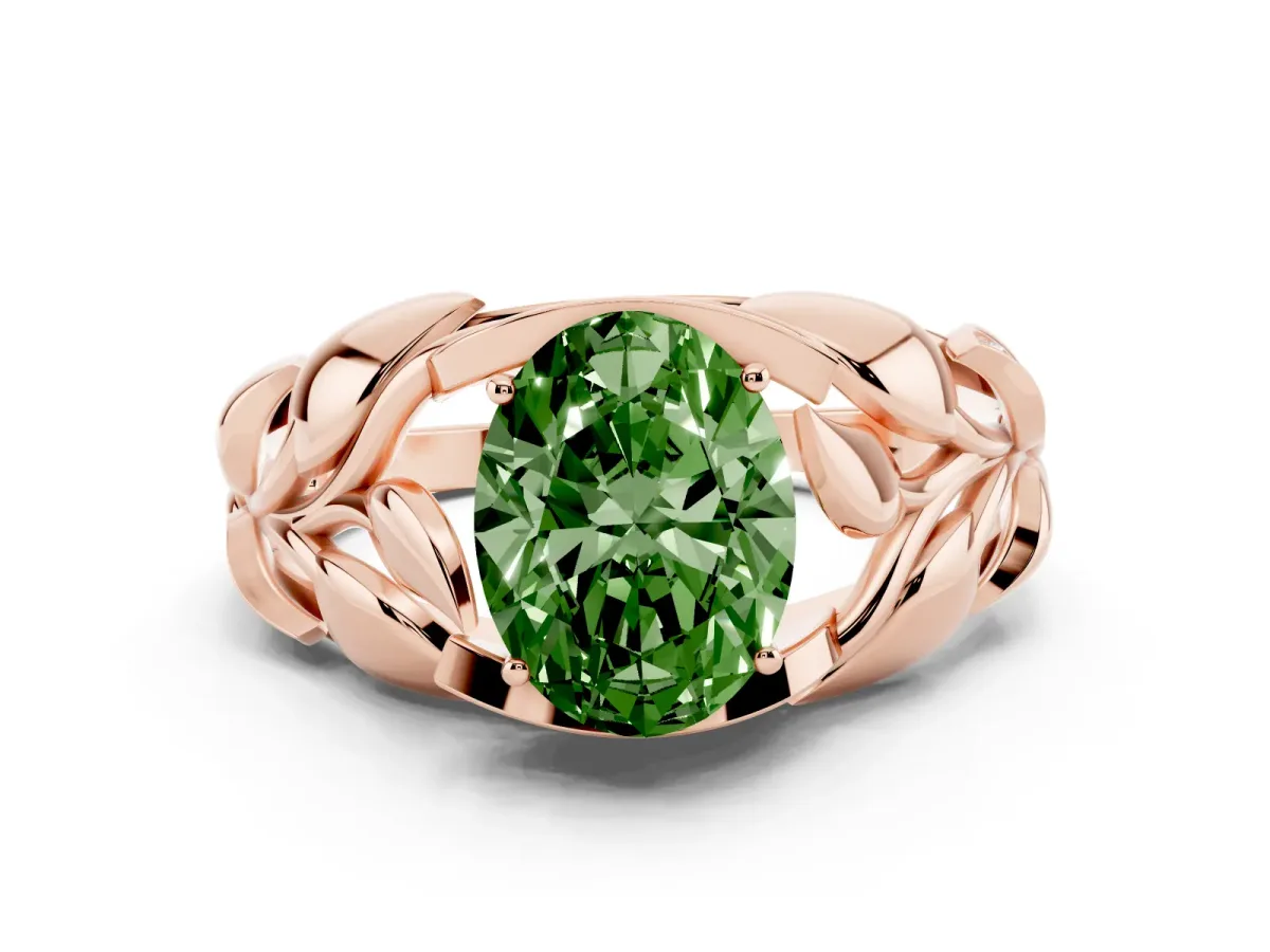Fancy Green Oval Cut Diamond Leaf-Inspired Engagement Ring with Round Accents and Prong Setting Rose gold