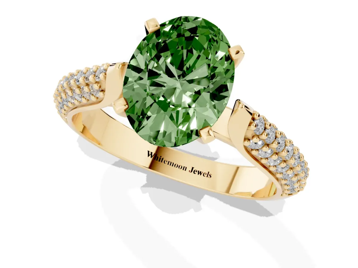 Fancy Green Oval Cut Diamond Solitaire Engagement Ring with Multi-Row Round Pavé Band and Prong Setting Yellow gold