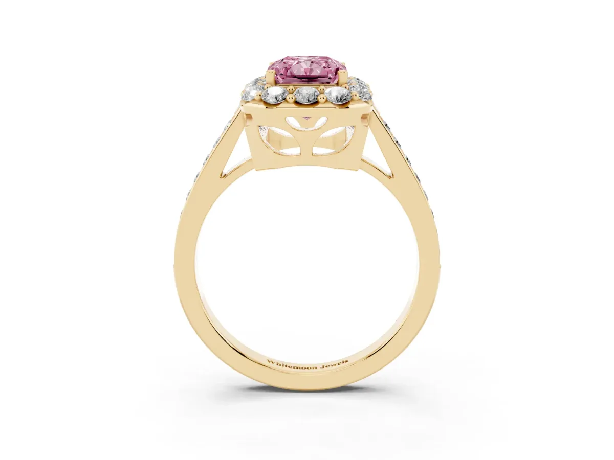 Fancy Pink Radiant Cut Diamond Floral Halo Ring with Pavé Band and Prong Setting Yellow gold