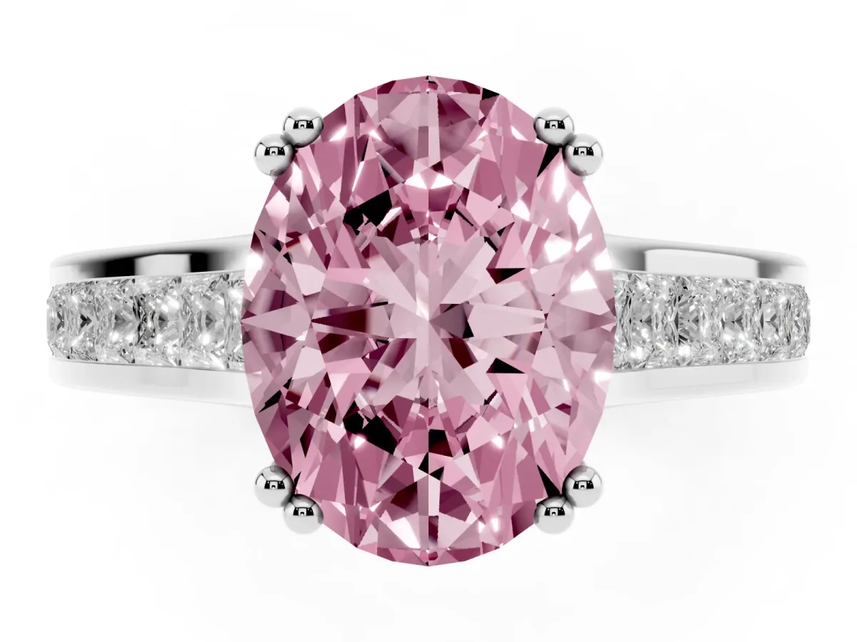 Fancy Pink Oval Cut Cut Channel Set Solitaire Engagement Ring with Prong Setting Silver