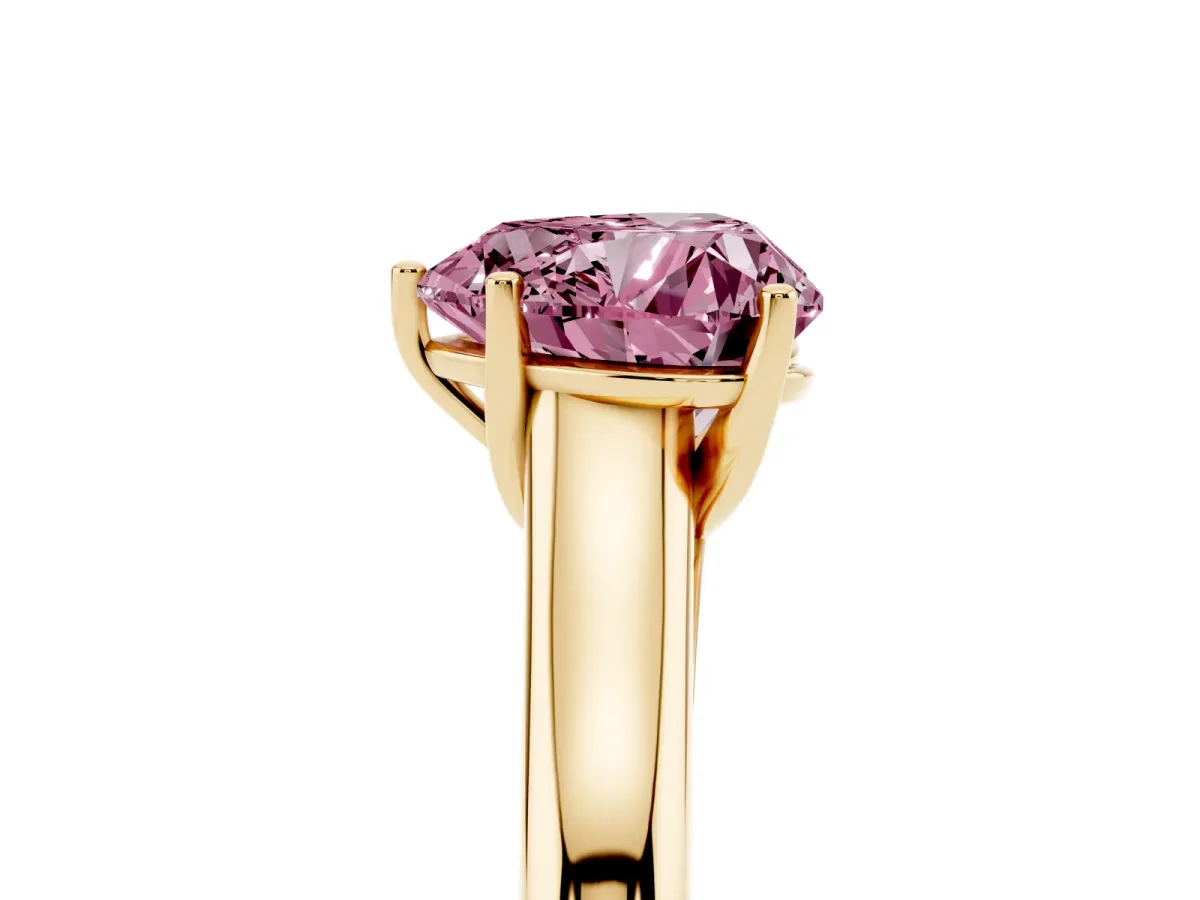 Fancy Pink Heart Cut Cut Diamond Solitaire Engagement Ring with Tapered Plain Band and Four-Prong Setting Yellow gold