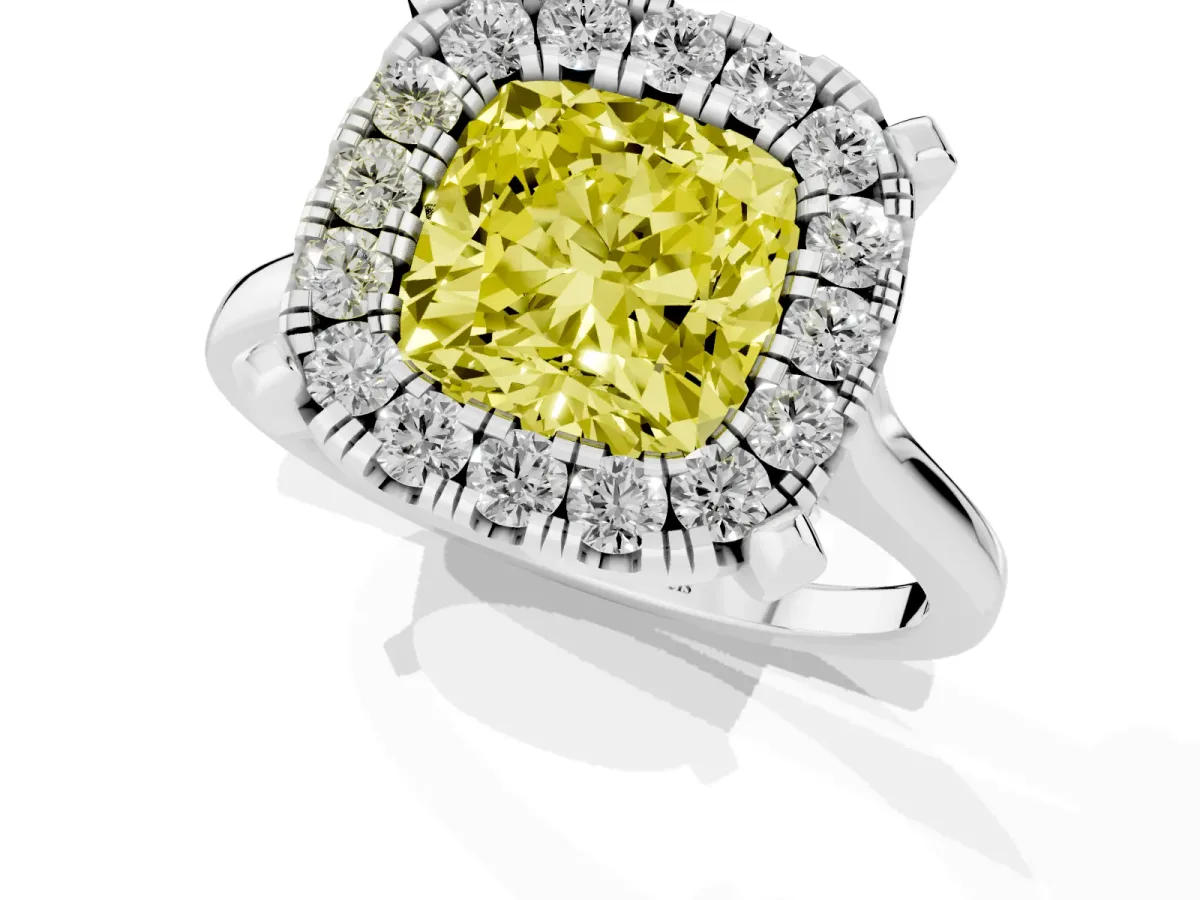 Fancy Yellow Cushion Cut Diamond Cluster Halo Solitaire with Four-Prong Setting Silver