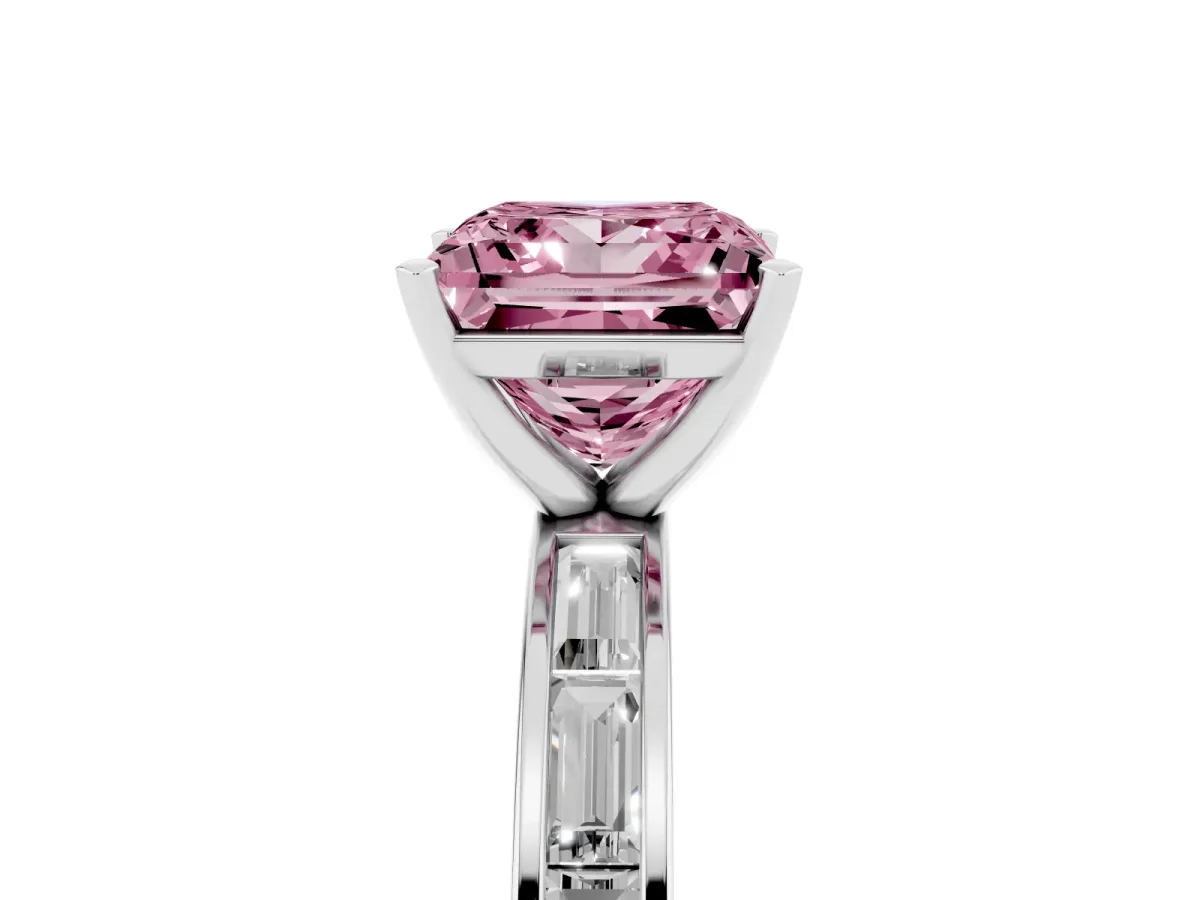Fancy Pink Princess Cut Solitaire Diamond Ring with Channel-Set Baguette Band and Four-Prong Setting Silver