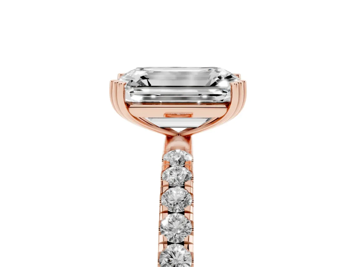 Emerald Cut Brilliant Solitaire with Pavé Band and Claw Prong Setting Rose gold