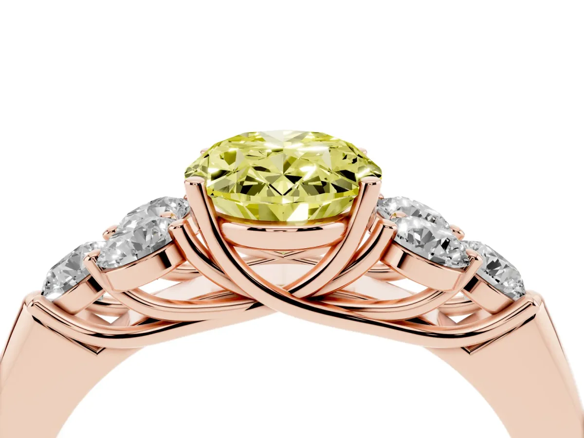 Fancy Yellow Oval Cut Cut Diamond Cluster Ring with Round Accent Stones and Prong Setting on a Classic Band Rose gold