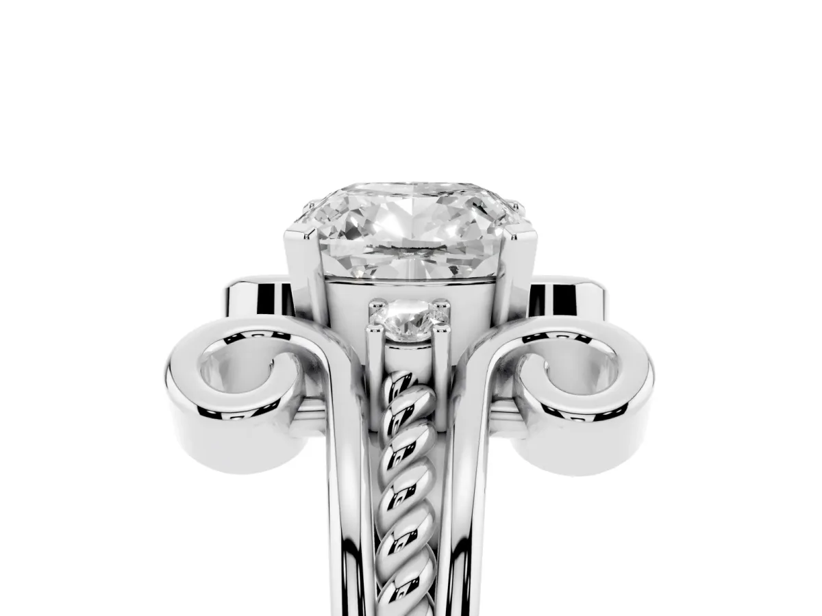 Cushion Cut Solitaire Twisted Band Scroll Prong Ring Silver