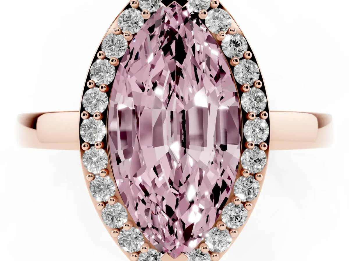 Fancy Pink Marquise Cut Halo Diamond Ring with Solitaire Band and Prong Setting Rose gold