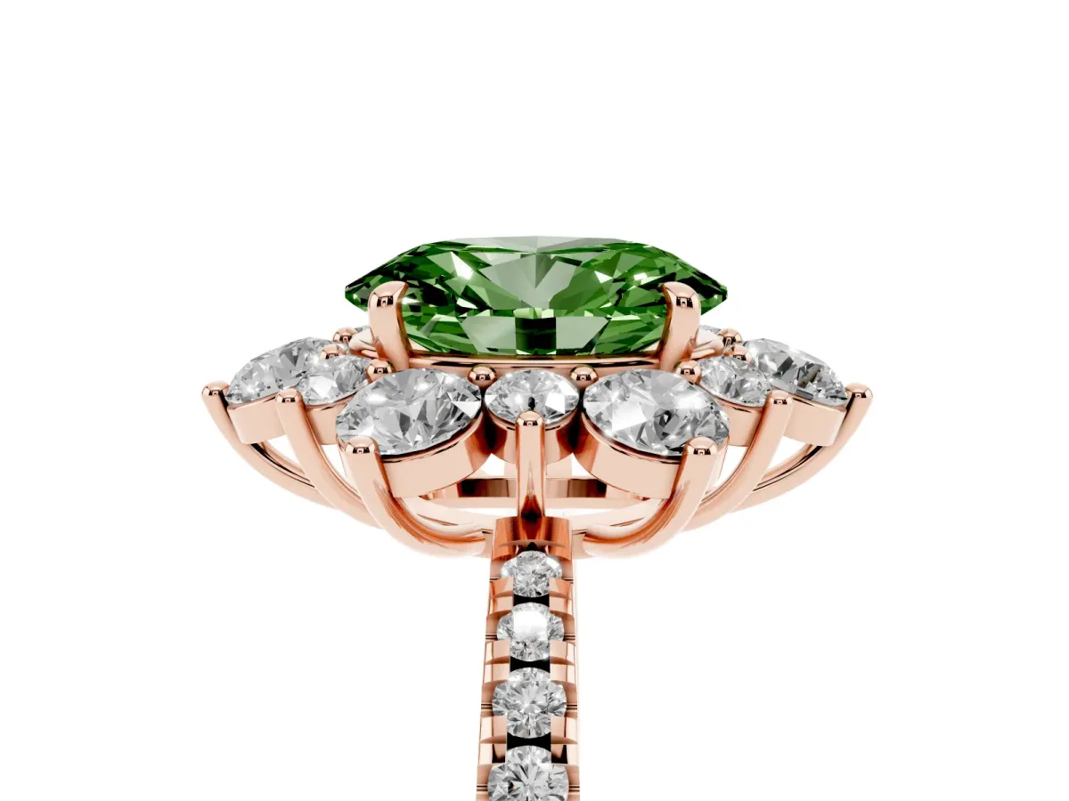 Fancy Green Oval Cut Diamond Floral Halo Ring with Round Pavé Band and Prong Setting Rose gold