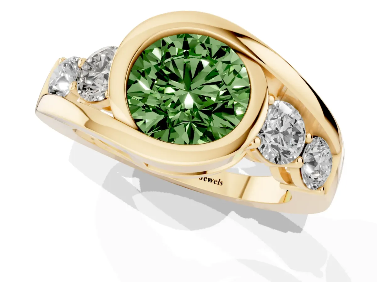 Fancy Green Bezel Set Round Cut Diamond Bypass Ring with Round Accents Yellow gold