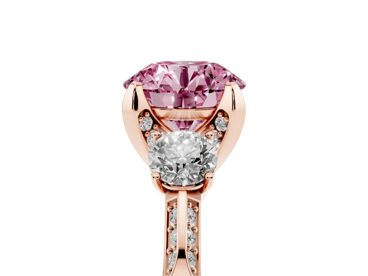 Fancy Pink Round Cut Brilliant Three-Stone Diamond Ring with Pavé Band and Four-Prong Setting Rose gold