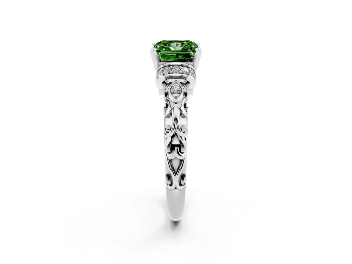 Fancy Green Princess Cut Diamond Solitaire Ring with Filigree Band and Four-Prong Setting Silver