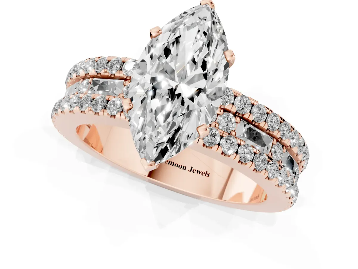 Marquise Cut Diamond Solitaire Ring with Pavé and Channel Set Band Rose gold
