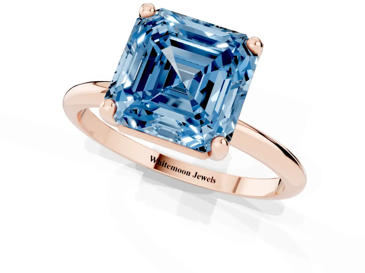 Fancy Blue Asscher Cut Solitaire Diamond Ring with 4-Prong Setting on a Classic Band Rose gold