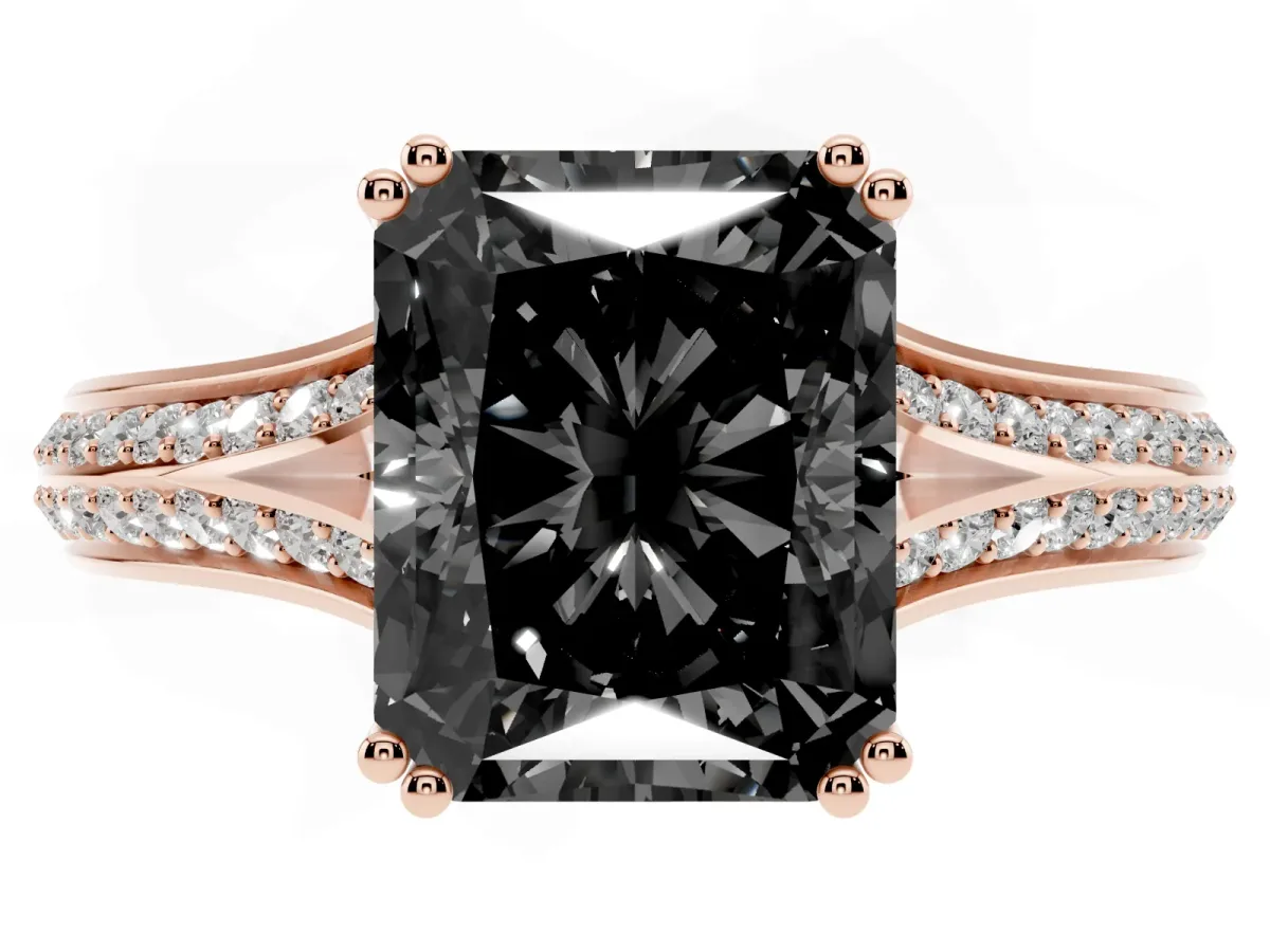 Fancy Black Radiant Cut Diamond Split Shank Engagement Ring with Pavé Band Rose gold