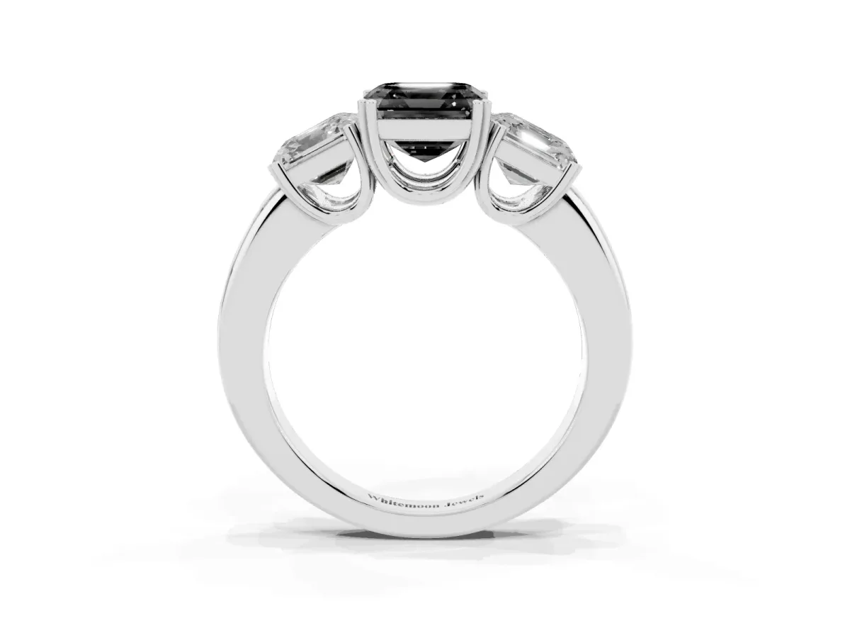 Fancy Black Three-Stone Asscher Cut Cut Diamond Ring with Channel Set Band and Four-Prong Setting Platinum