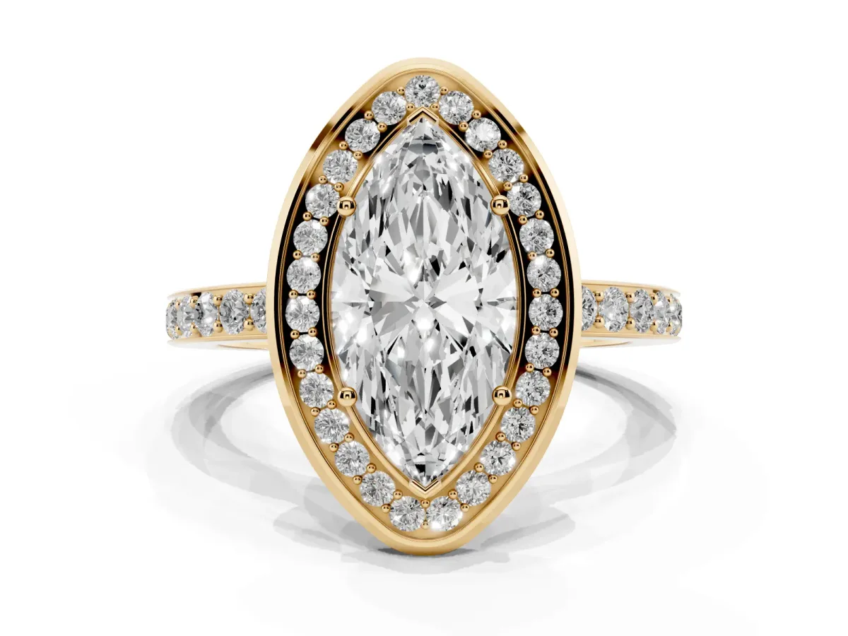 Marquise Cut Diamond Halo Ring with Bezel Frame and Pavé Band Yellow gold